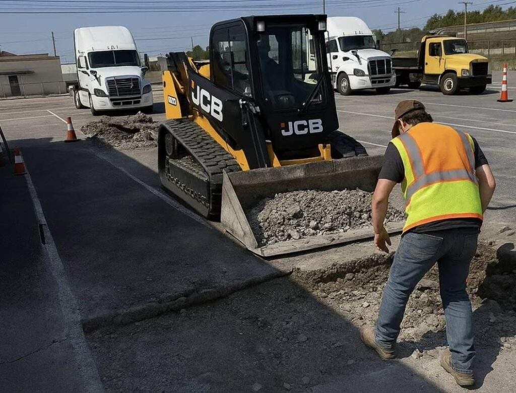 A construction worker wearing a high-visibility safety vest guides a yellow and black JCB compact track loader scooping up broken asphalt during a parking lot repair project by Black Rock Industries.
